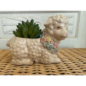 Vintage 60's Planter Pot Cute Sheep With Flower Collar Retro Kitsch